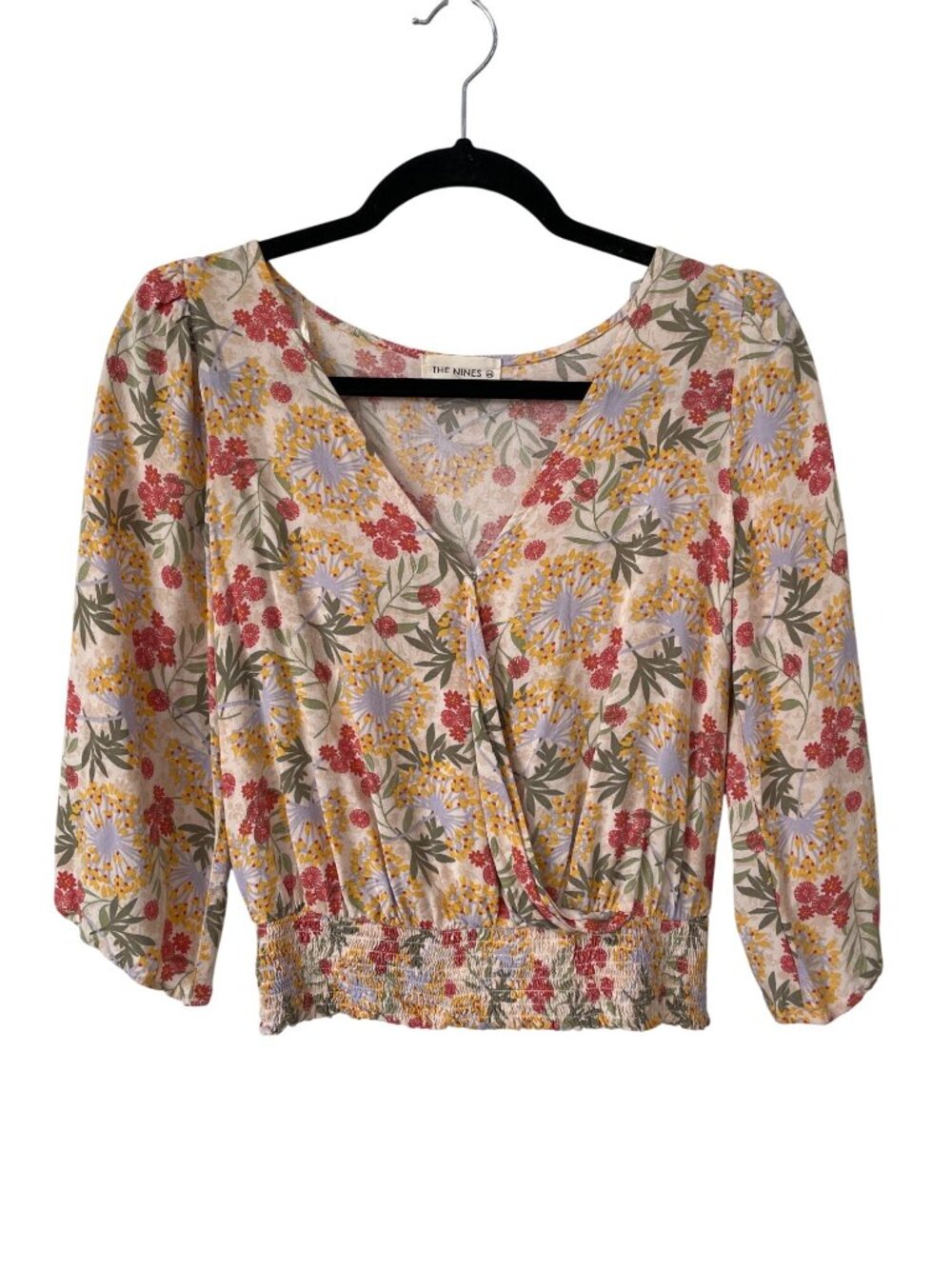 The Nines Blouse Medium Floral Surplice Neck 3/4 Sleeve Smocked Waist Bohemian